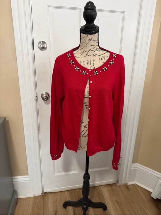 Ice Sweaters - Ice Red Embellished Pearl & Crystal Cardigan